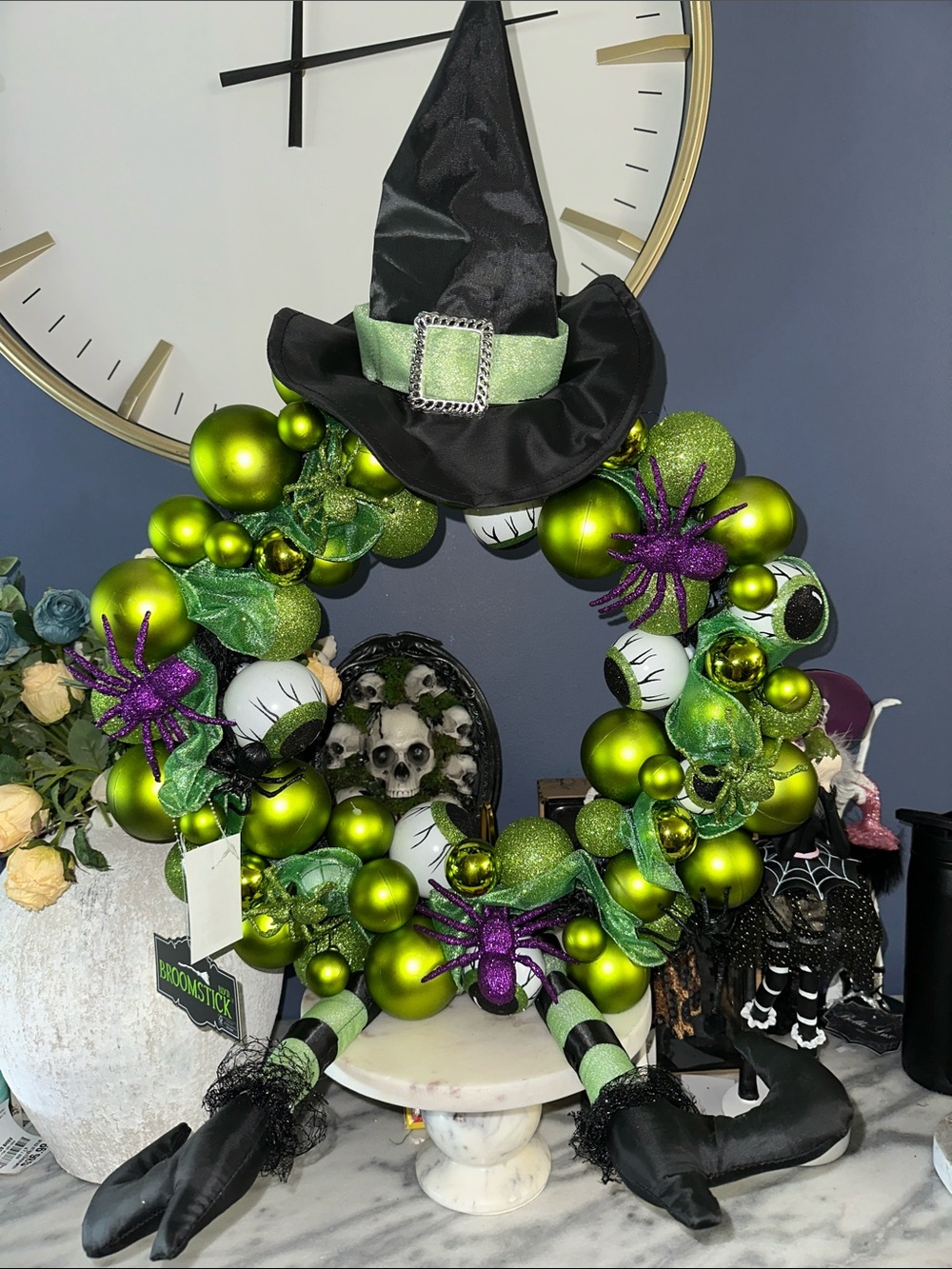 Halloween Witch Hat Green Wreath with Purple Spiders and eyeballs